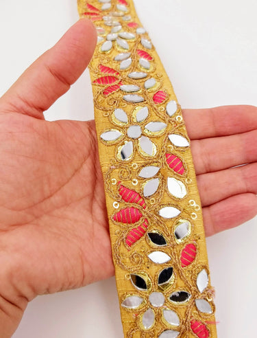 Beige Decorative Art Silk Fabric Trim, Mirrored Floral Embroidery, Embroidered Trim In Salmon Pink and Gold Approx. 40 mm Indian Laces